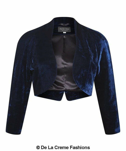 Navy open front velvet bolero shrug jacket for women by Rose Eleusis, stylish and lightweight with a sleek open-front design.