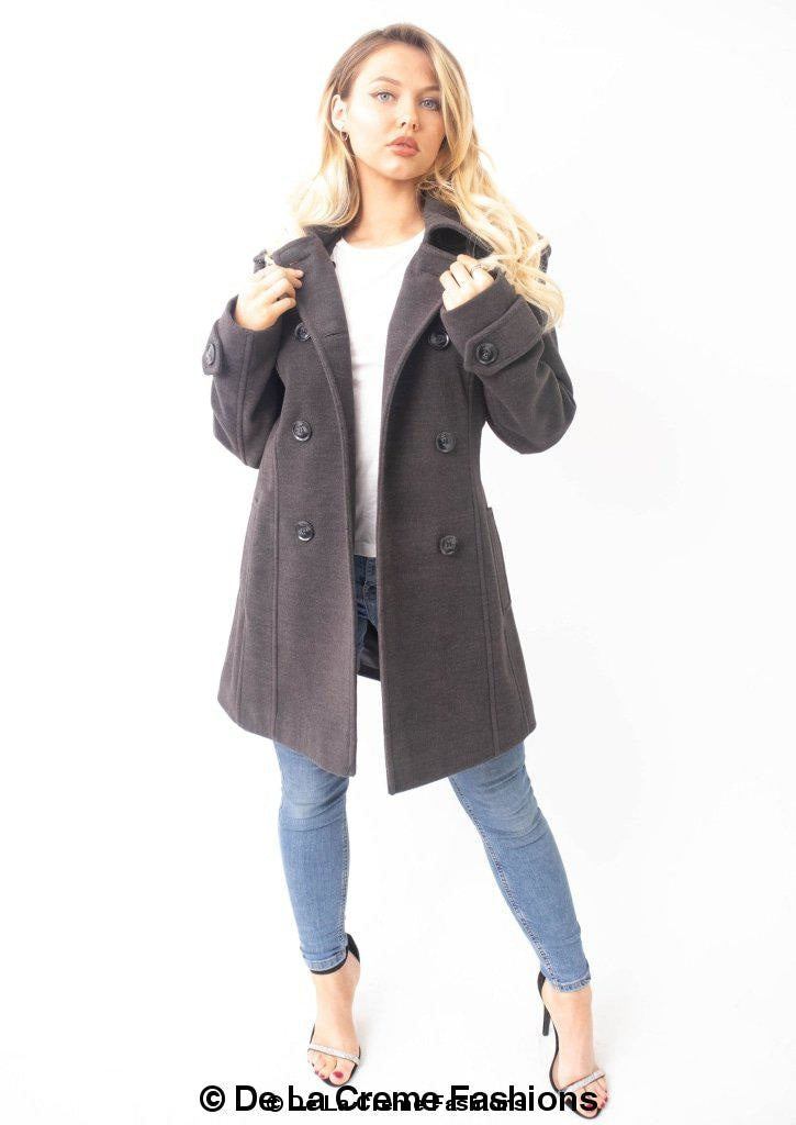 Womens wool feel double-breasted hooded coat by Rose Eleusis, stylish winter jacket with front buttons and cozy hood.