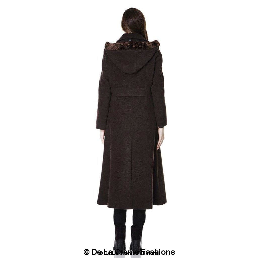 Rose Eleusis wool feel faux fur trim hooded long coat for women, featuring a stylish wool blend design and cozy fur accents.