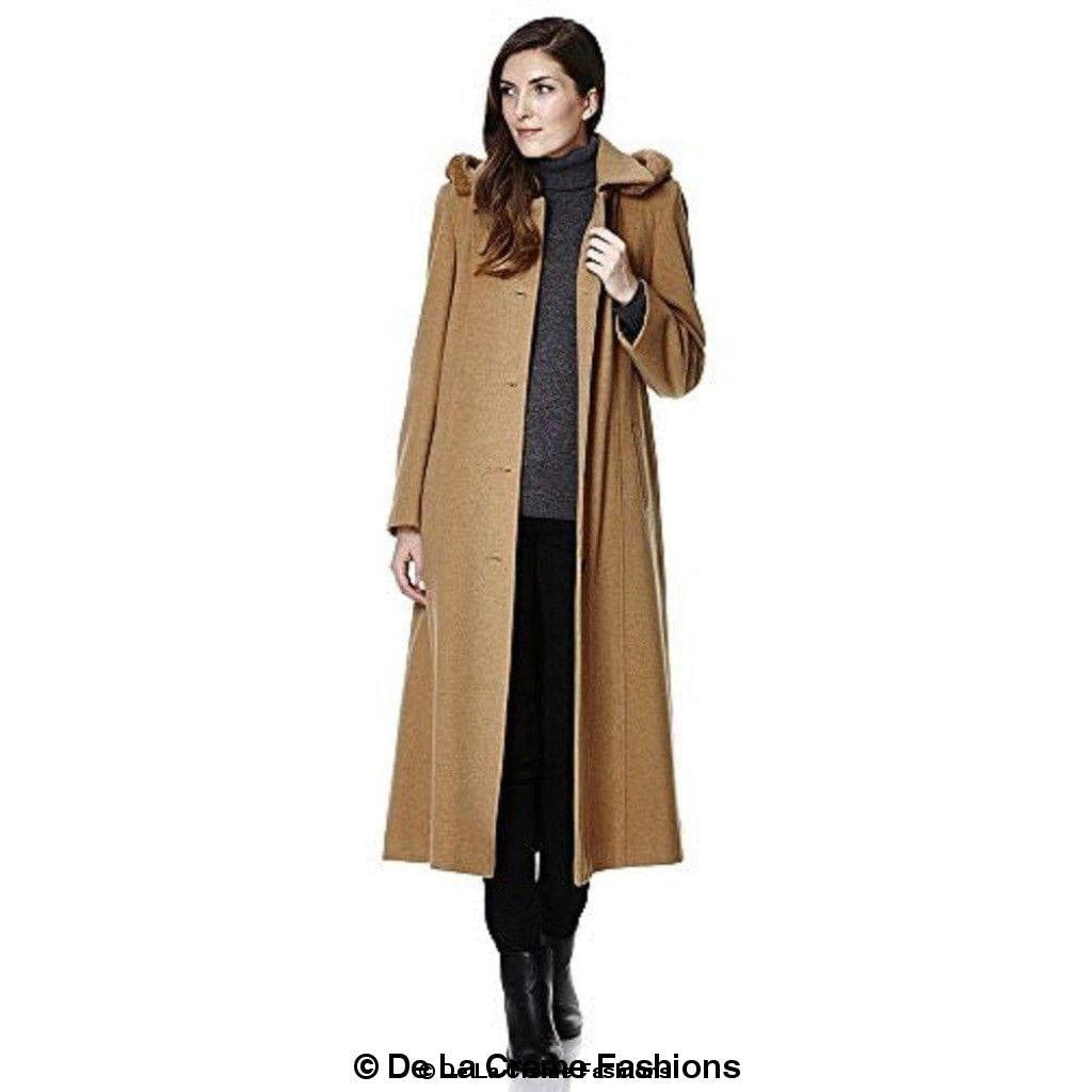 Rose Eleusis wool feel faux fur trim hooded long coat for women, featuring a stylish wool blend jacket with cozy faux fur accents.