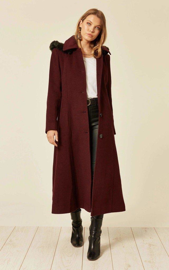 Rose Eleusis wool feel faux fur trim hooded long coat in wine color, featuring a cozy hood and elegant design for women.