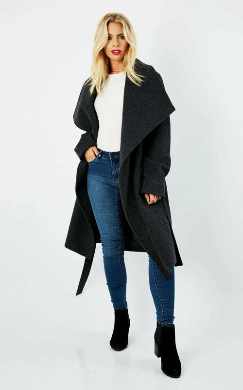 Grey wool blend large lapel duster coat by Rose Eleusis, stylish women&