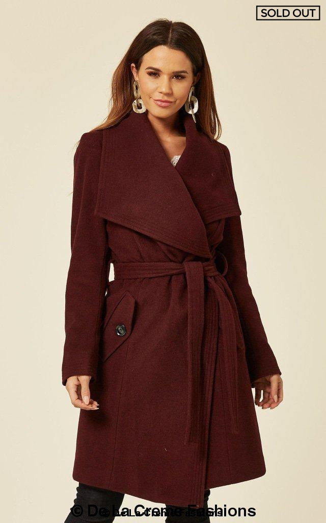 Wool blend large lapel duster coat by Rose Eleusis in wine color, shown on a woman, stylish and cozy outerwear.