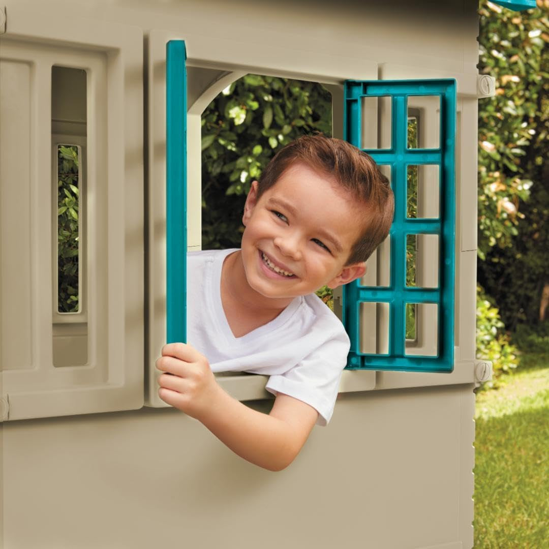 Large blue cottage playhouse for kids by Peach Maple, outdoor outdoor playhouse with windows and door, suitable for children’s outdoor furniture.