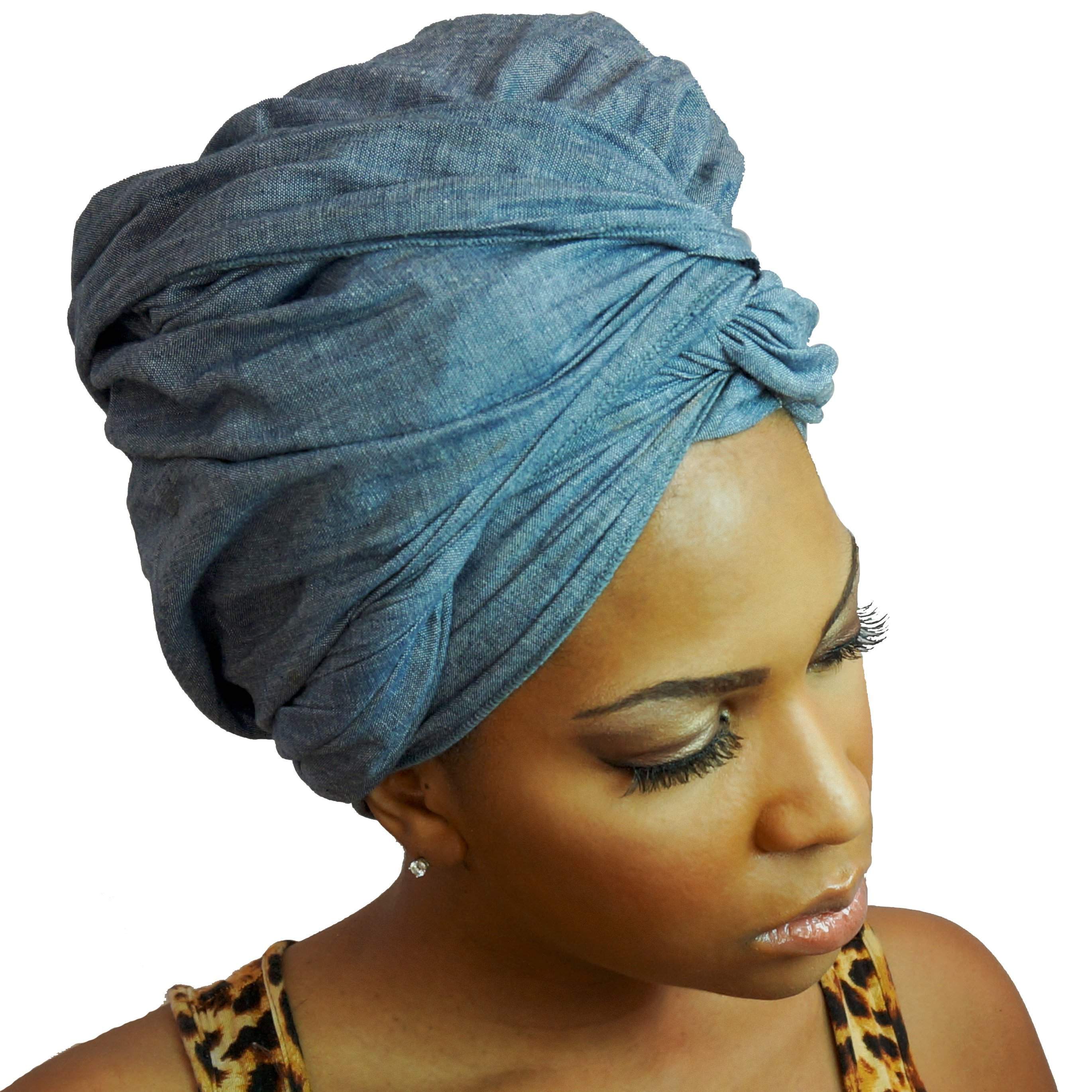 Start2Finish denim headwrap styled with an elegant blouse, showcasing trendy apparel and accessories.