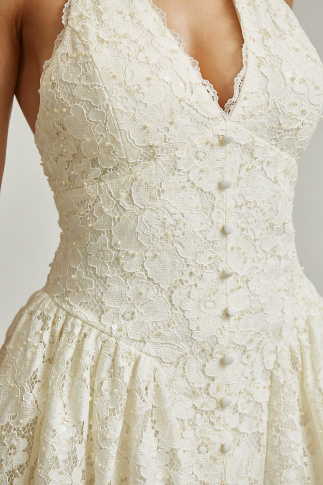 White Amphitryon Liza Pearl Lace Dress for women, showcasing an elegant lace dress with pearl accents, stylish and sophisticated.