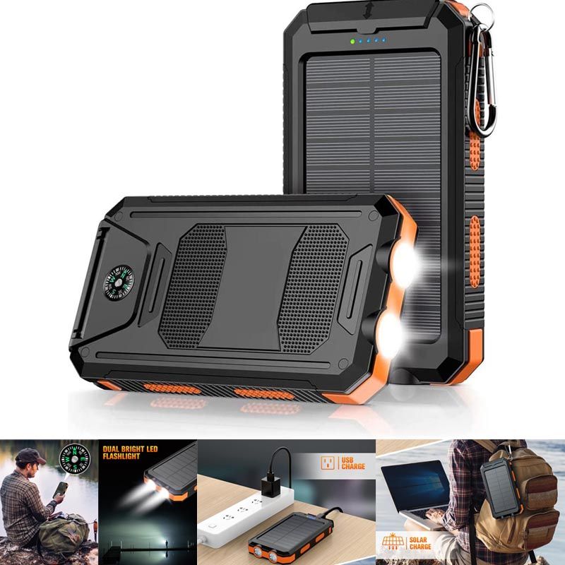 Pear Daisy 10000mAh portable fast charging power bank with solar charging, dual USB ports, suitable for home and outdoor use