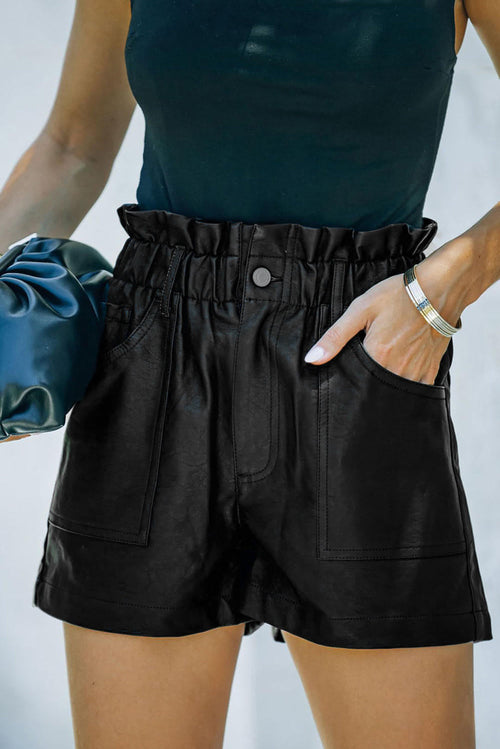Black faux leather paper bag waist high-rise shorts by Carmine Juneberry, featuring a stylish paper bag waistband and high-rise fit.