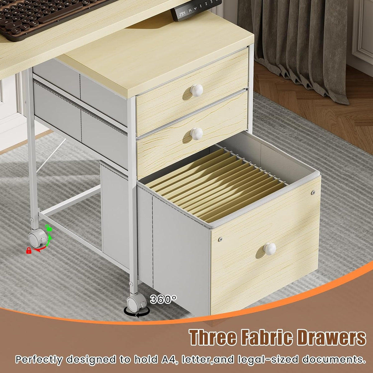 Electric LShaped Standing Work station With Drawers Maple