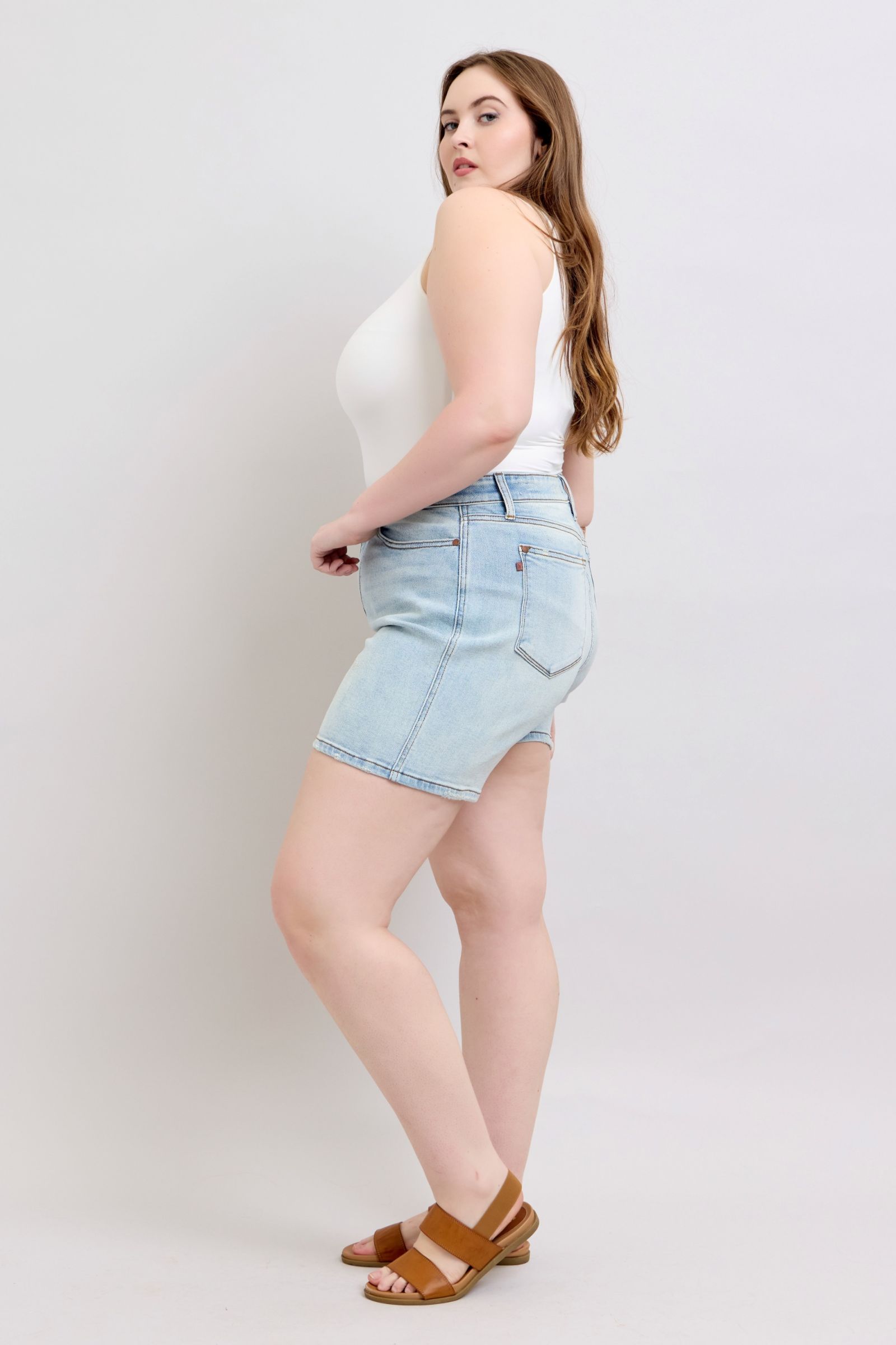 Judy Blue plus size denim shorts with two buttons and pockets, casual women&