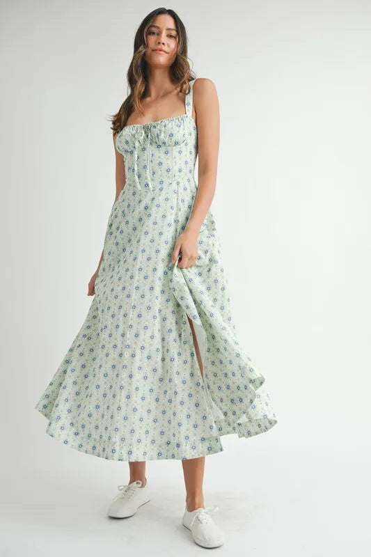 Floral print MABLE bustier midi dress with back lace-up detail by Pear Daisy, suitable for home and garden events.