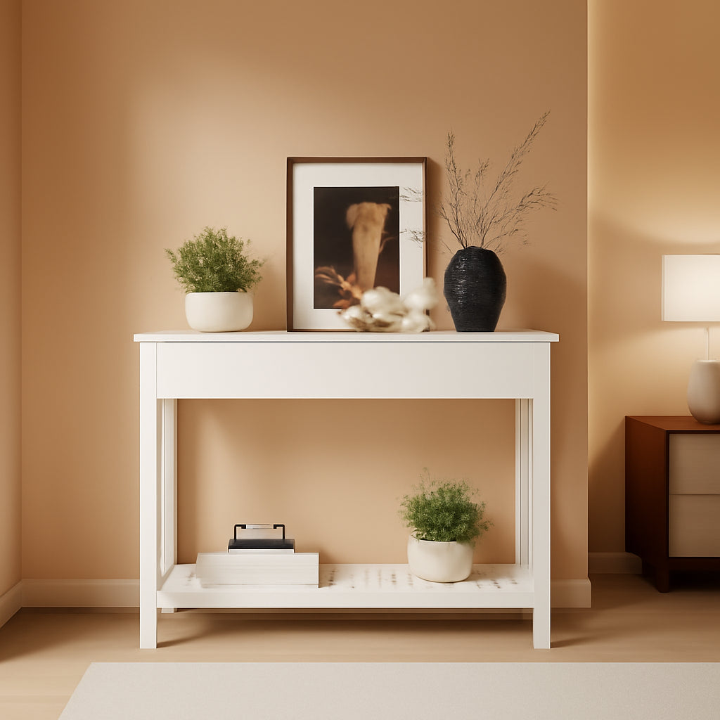 White Minimalist Console Table With Generous Drawer