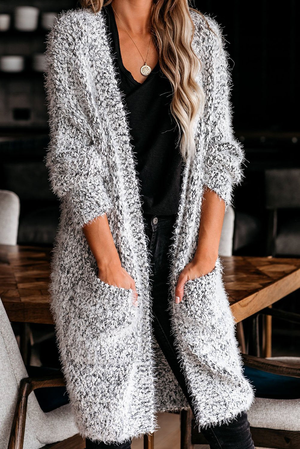 Soft beige fuzzy knit women&