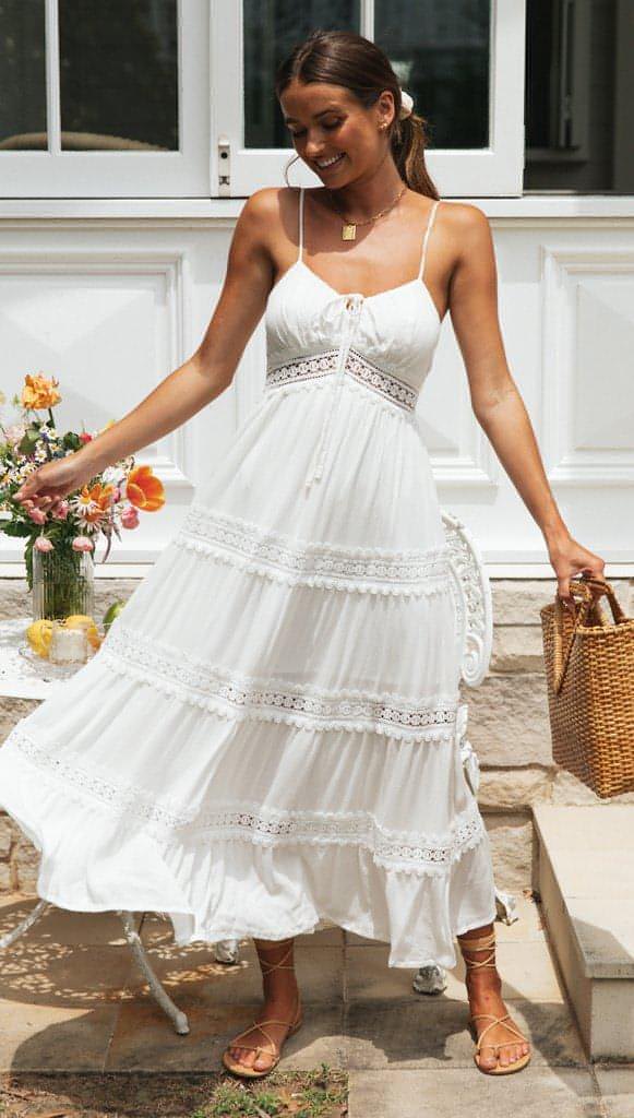 Carmine Juneberry boho sling dress with lace panel and swing skirt, featuring a relaxed, flowy style perfect for casual wear
