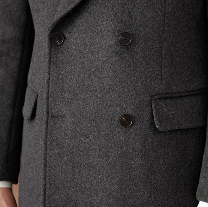 Carmine Juneberry HauteWool™ double-breasted wool coat in a wool blend, featuring classic lapels and tailored fit.