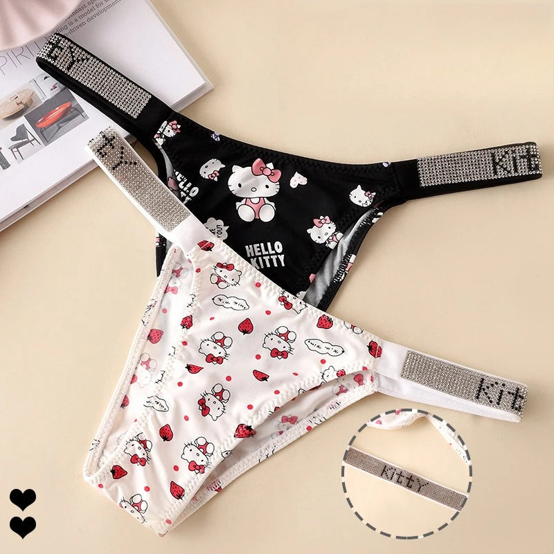 Start2Finish Hello Kitty cartoon strapless bra and low-waisted T-pants set with rhinestone lettering, cute and sweet apparel for women.