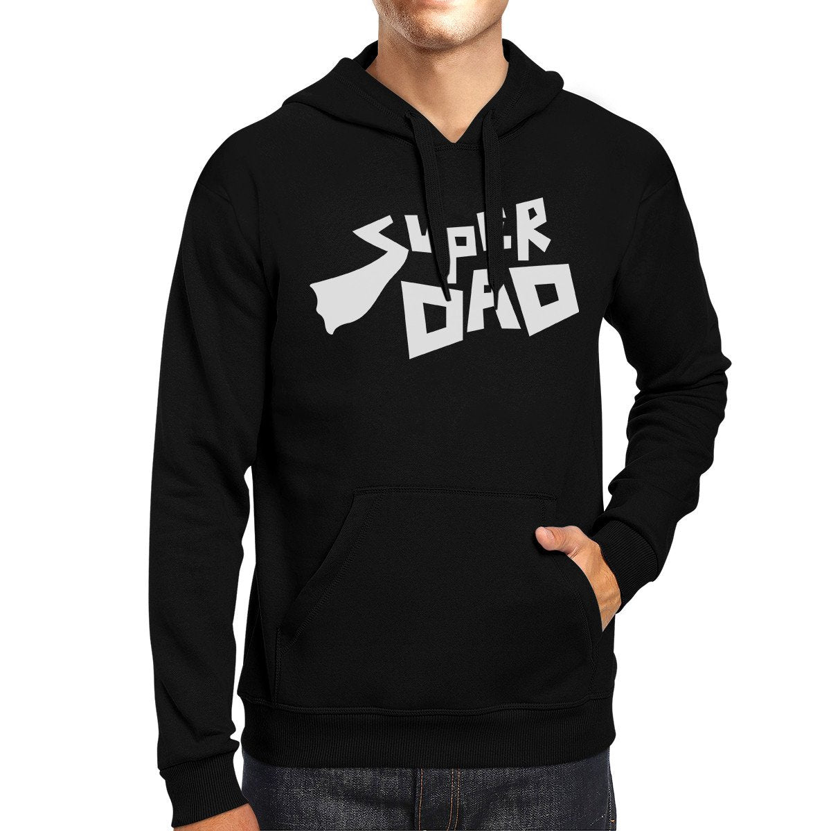 Black Super Dad unisex graphic hoodie by Teal Tiger featuring a humorous "Best Dad" design, casual sweater for men and women.