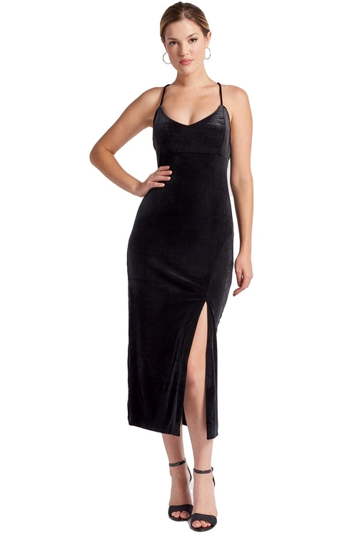Peach Dionysus Elle Velvet Slip Dress with scooped back and thigh-high slit, elegant evening dress with soft velvet fabric.