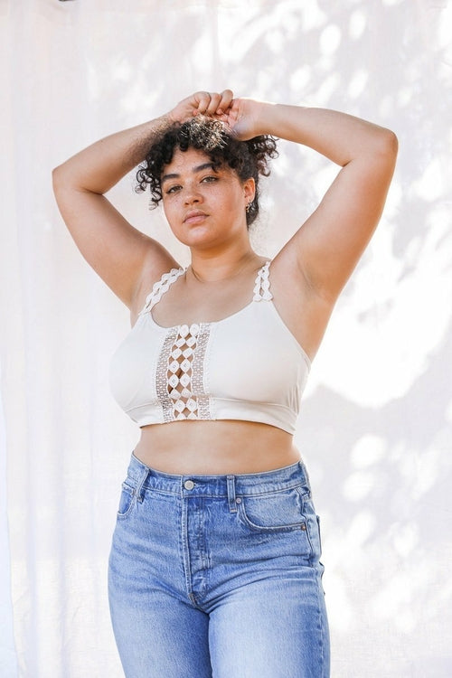 Ecru Eye Lace Applique Bralette by Periwinkle Aether, showcasing delicate lace and intricate eye lace design on soft fabric