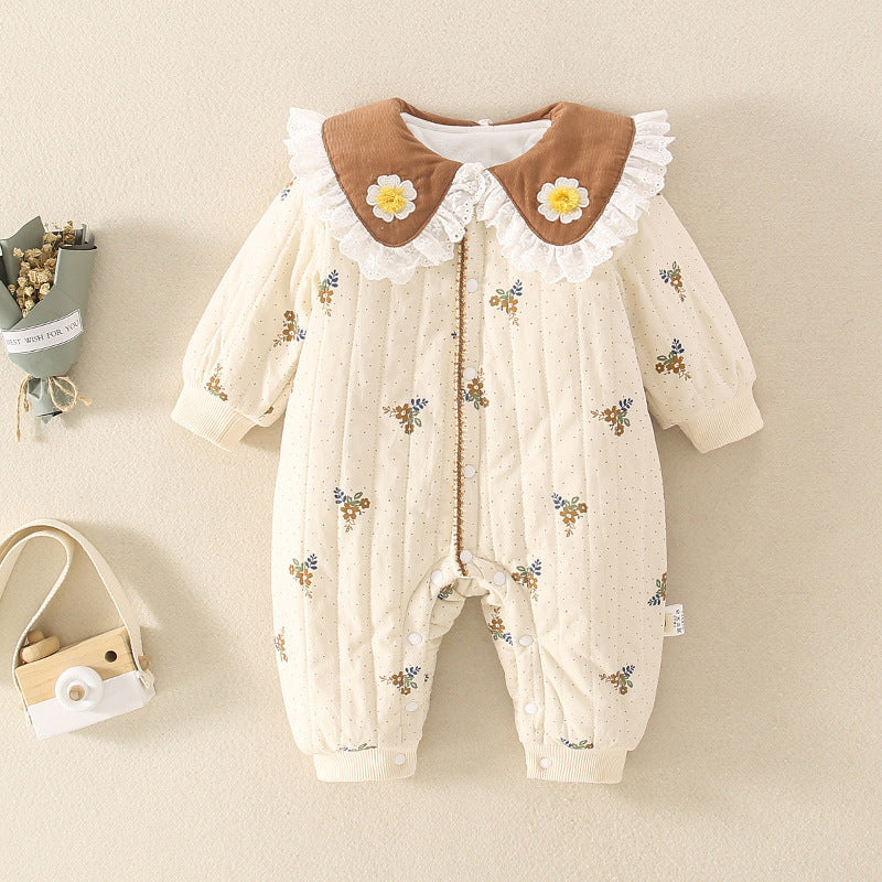 Baby girl DaisyWarm™ winter floral jumpsuit by Carmine Juneberry, featuring cozy fabric and a cute floral pattern.