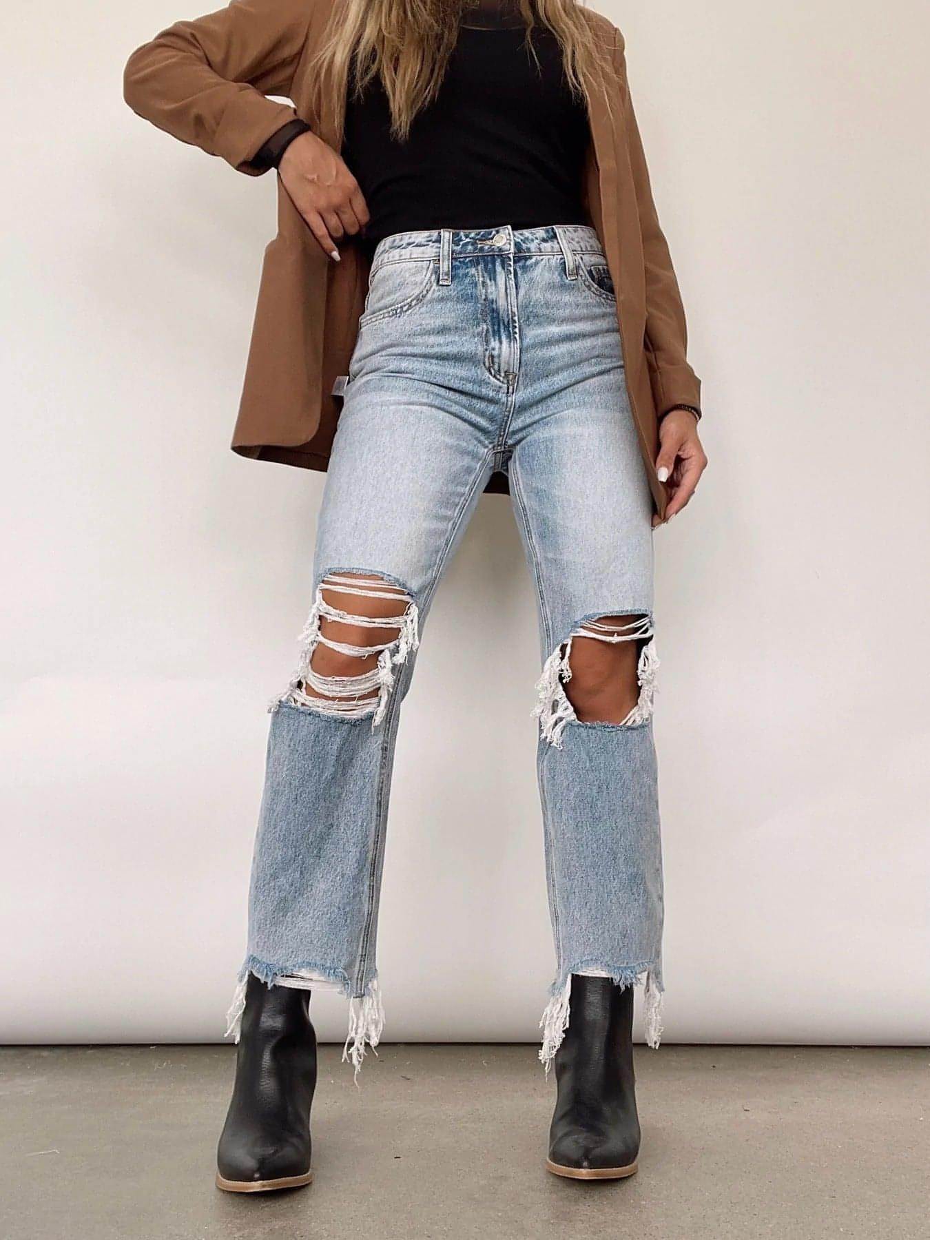 Carmine Juneberry UrbanEase™ high waist loose straight jeans for women, showing the light-wash denim with relaxed fit and high-rise design.