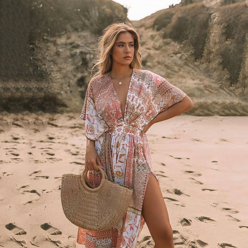 Womenâs spring fashion dress by Carmine Juneberry with floral printing, lightweight and stylish for casual or semi-formal wear.