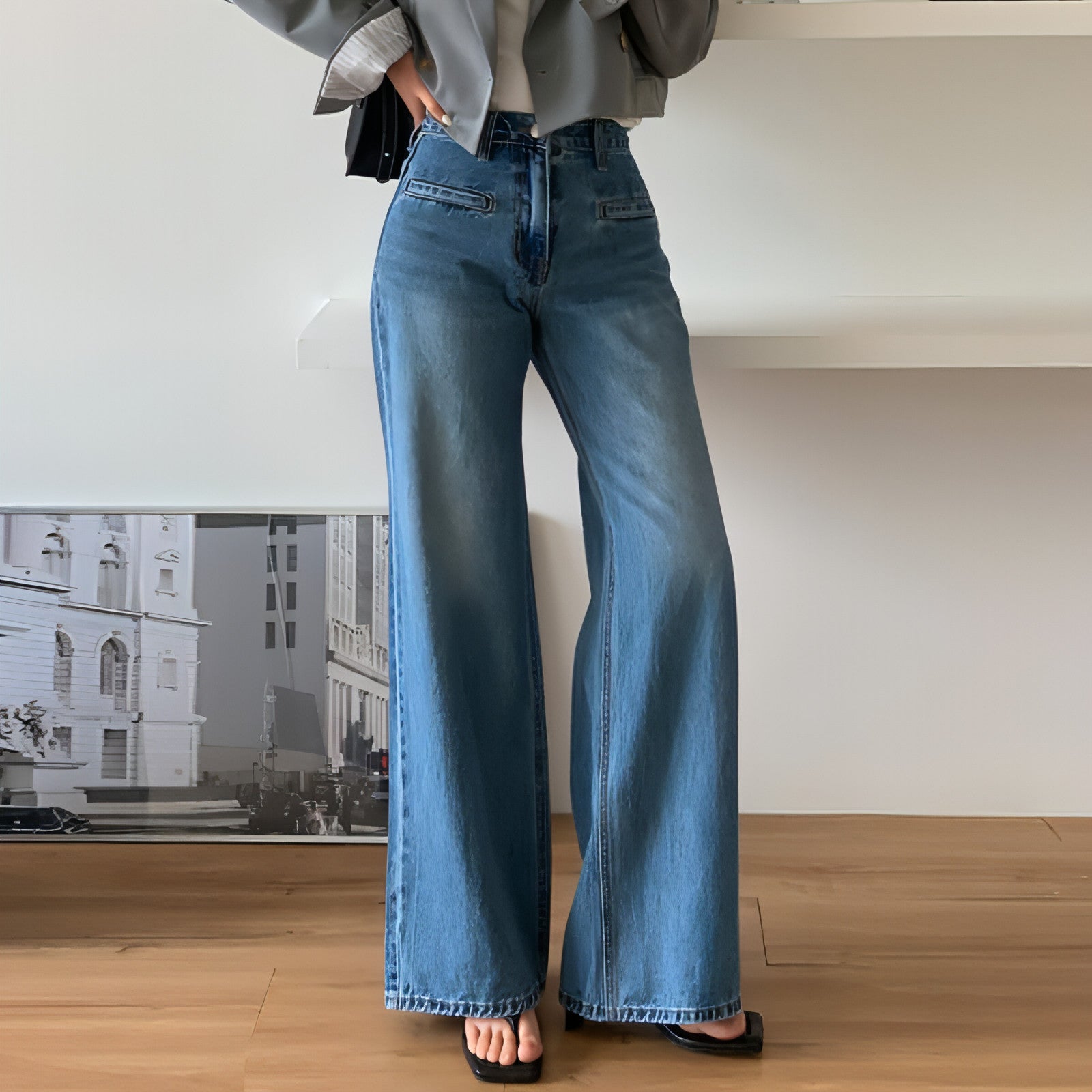 Carmine Juneberry retro high waist slimming jeans for women, showing a close-up of the dark denim fabric and classic fit.