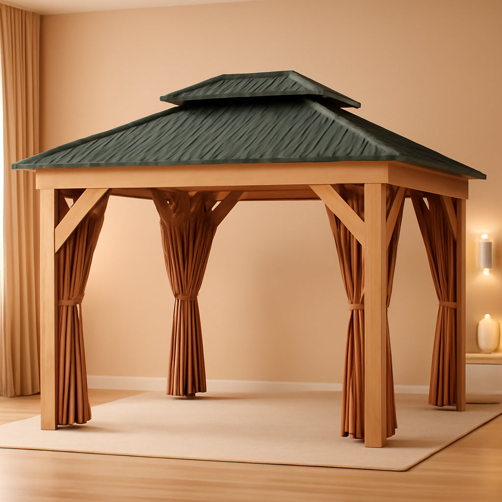 10x12 Ft Khaki Gazebo Outdoor Patio Pavilion With Curtains