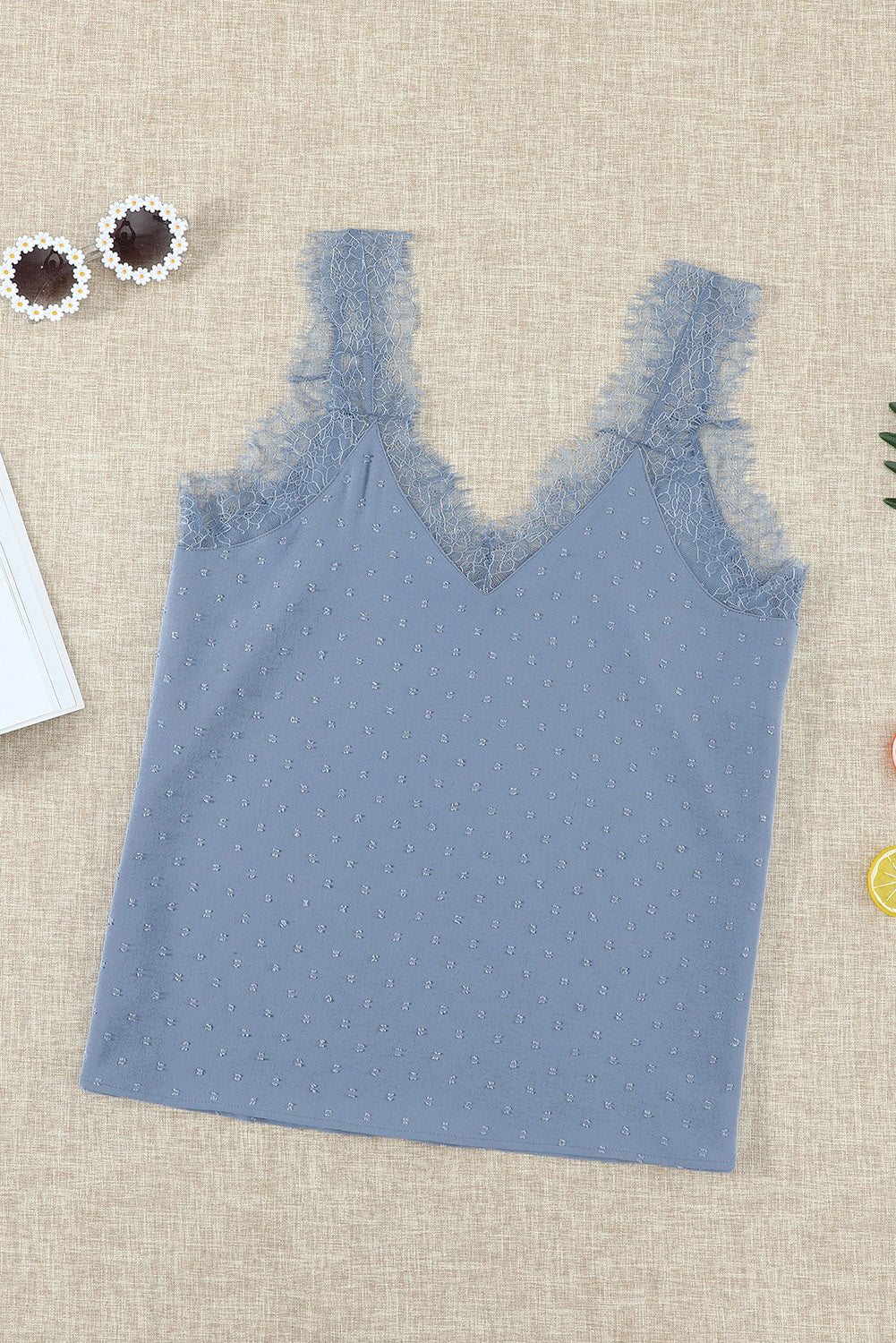 Sky blue eyelash V neck cami tank top for women by Lavender Pallas, featuring delicate eyelash trim and a V-shaped neckline.