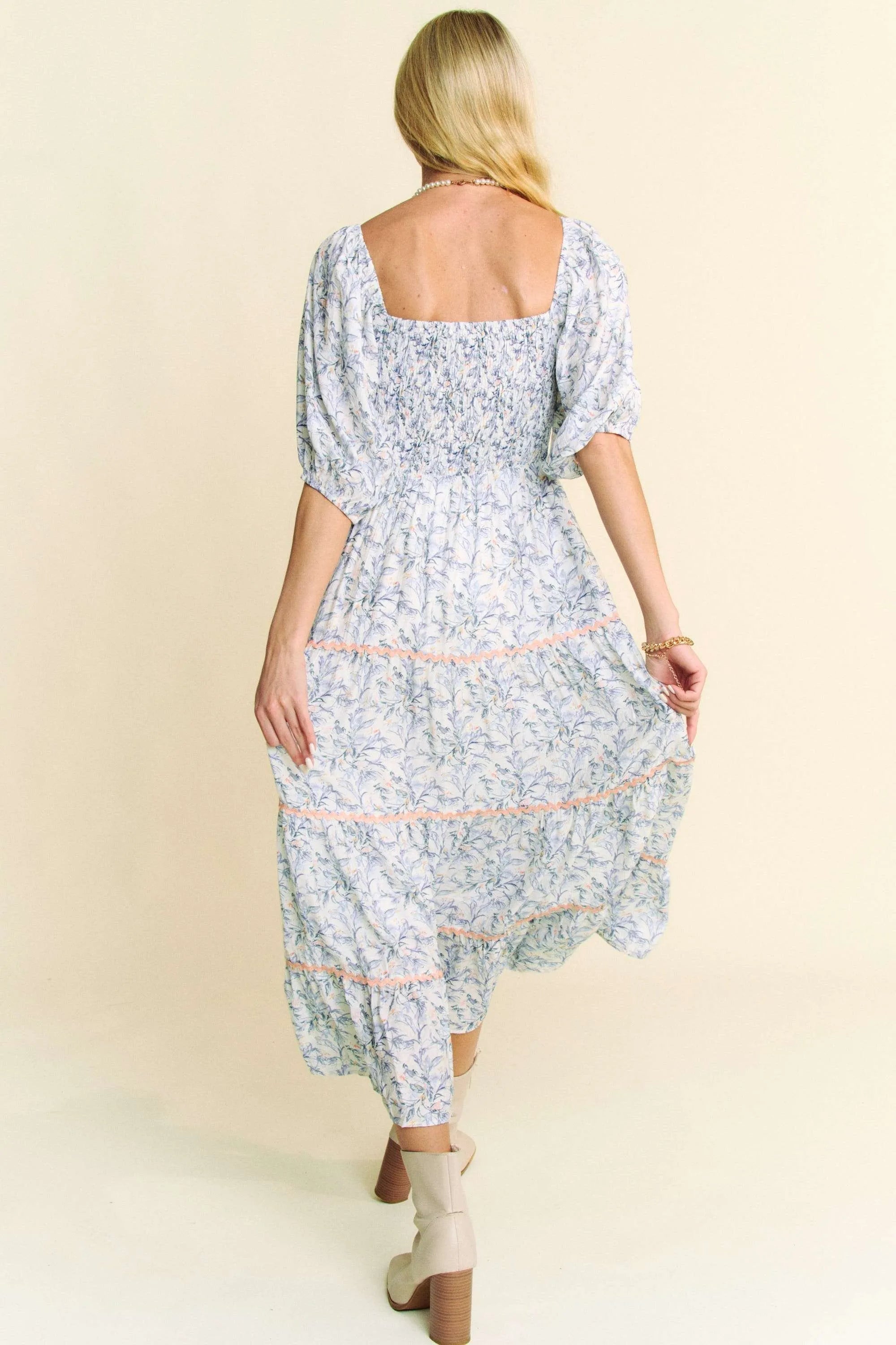 Automotive image showing a Jade Icarus Davi & Dani Contrast Ric Smocking Bodice Tiered Midi Dress in a stylish, tiered design with smocking details.