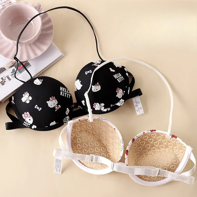 Start2Finish Hello Kitty cartoon strapless bra and low-waisted T-pants set with rhinestone letter details, cute and sweet apparel.