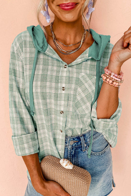 Green checkered print loose fit hooded shacket from Carmine Juneberry, featuring button closure and casual top style.