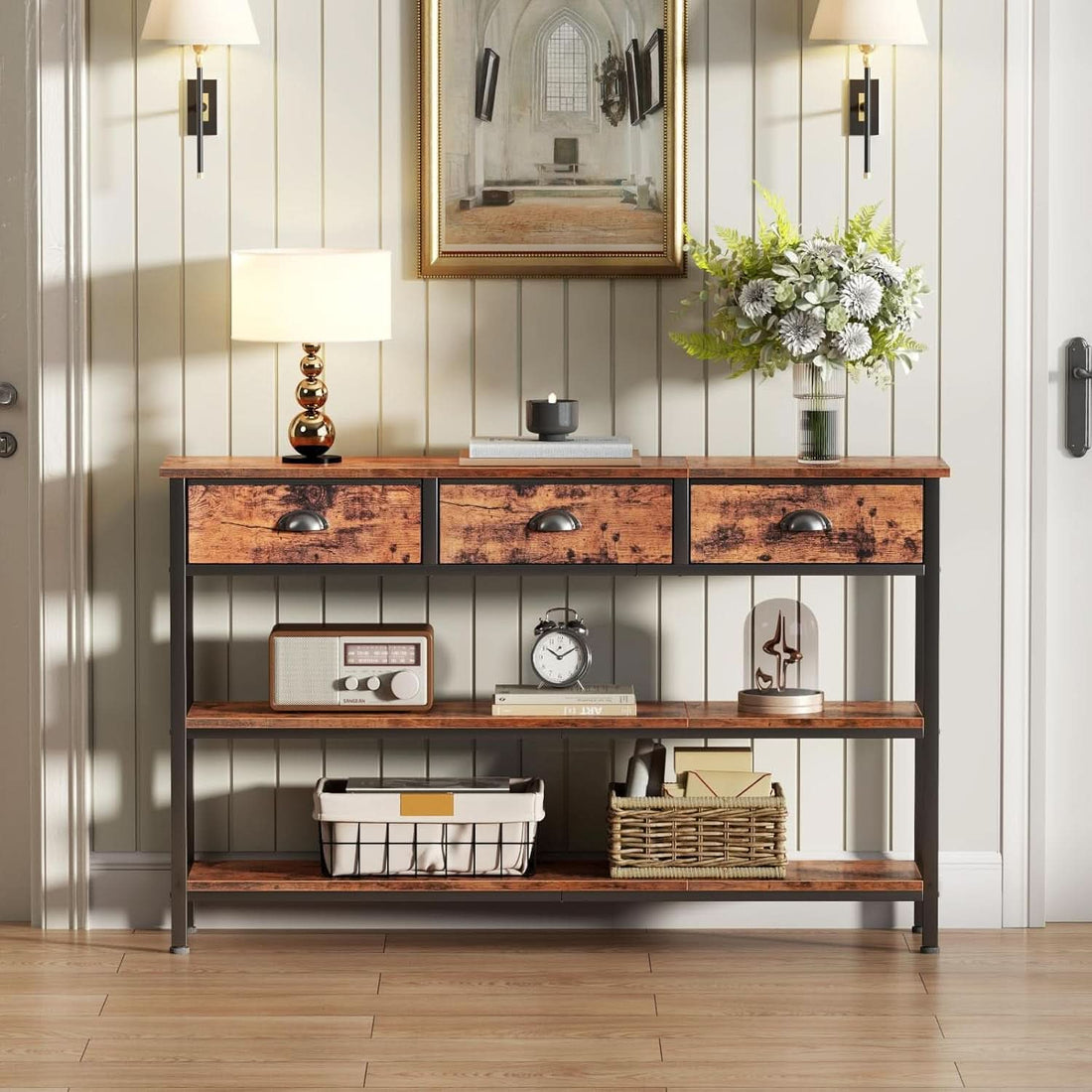 47-Inch Rustic Brown Console Table with 3 Drawers and Storage Shelves