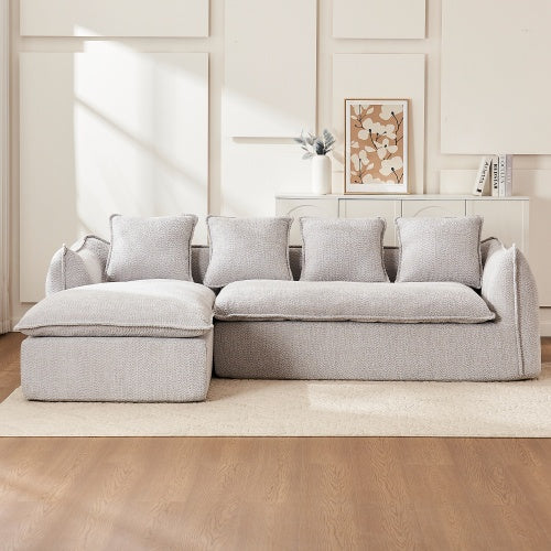 Carmine Juneberry LuneluX Home oversized 3-seater L-shape sofa with chaise, plush fabric, and modern design in a living room setting.