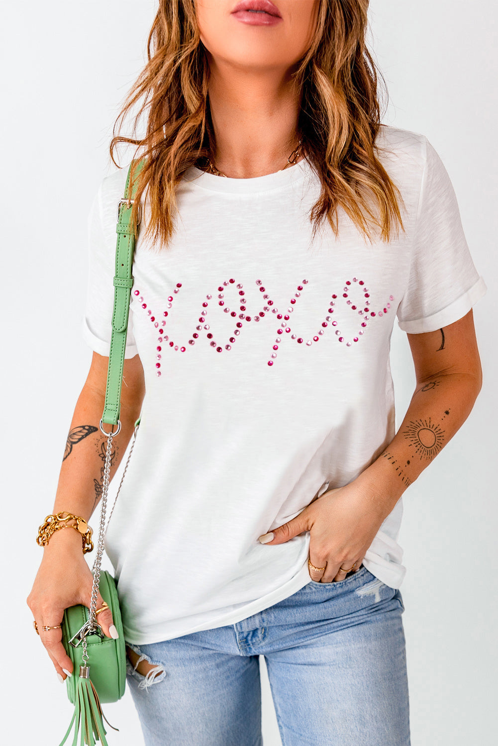 White Rhinestone XOXO Valentine Tee from Harlequin Daisy, featuring a stylish bath and beauty casual top with rhinestone embellishments.