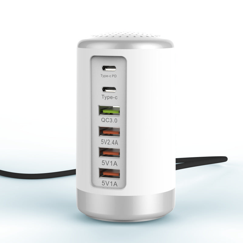 Maroon Asteria 6-port cylindrical adapter for mobile and laptops, 65W high-power fast charging with multiple USB ports