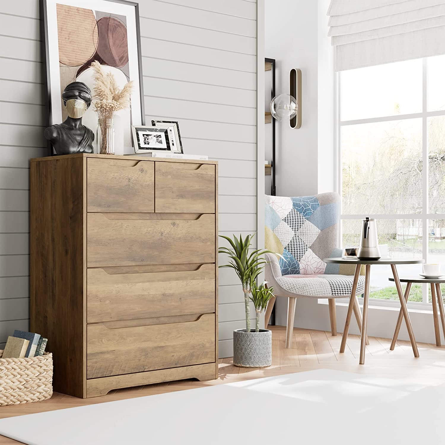 Rustic brown 5-drawer dresser by Peach Maple, showing bedroom furniture with wood grain finish and sturdy drawer handles.