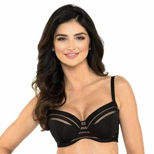 Full-figure padded striped black bra from Gorteks Luna collection, featuring supportive design and comfortable fit.
