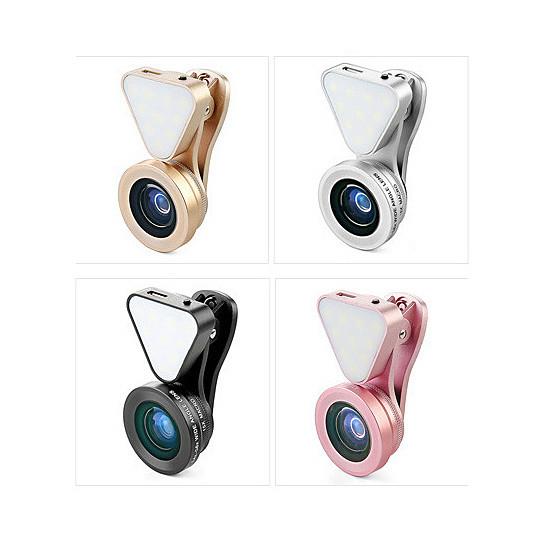 Salmon Lucky Glow Face 3-in-1 photo lens and fill lighting clip showing adjustable clip, lens, and lighting components.