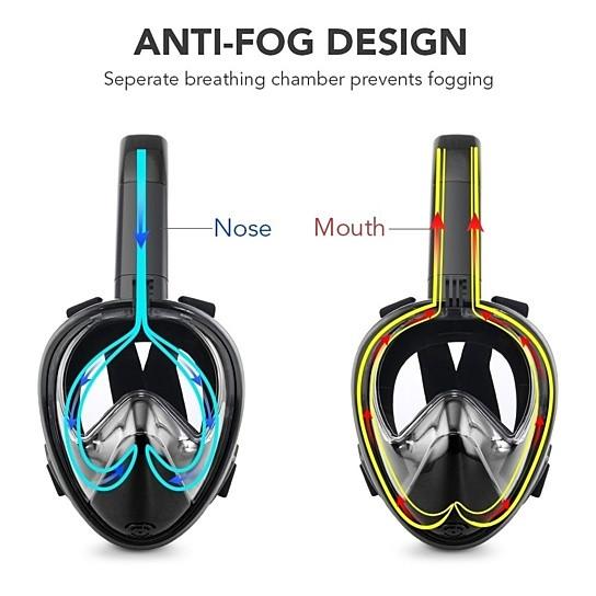 Salmon Lucky full face snorkel mask showing clear viewing window, adjustable straps, and snorkel tube for underwater swimming.