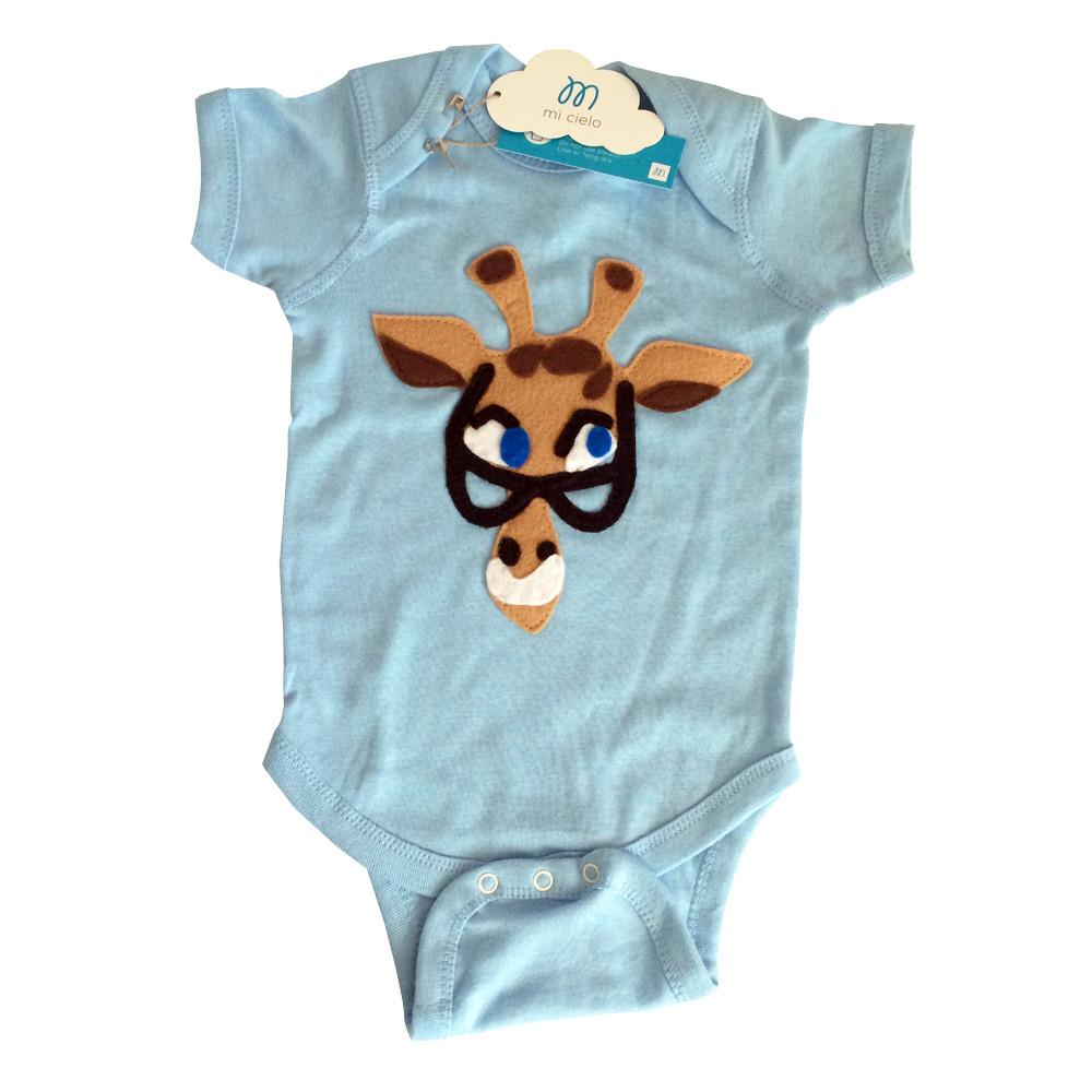Sky Blue Milo baby onesie featuring a Donald Robertson giraffe design, perfect for kids and babies.