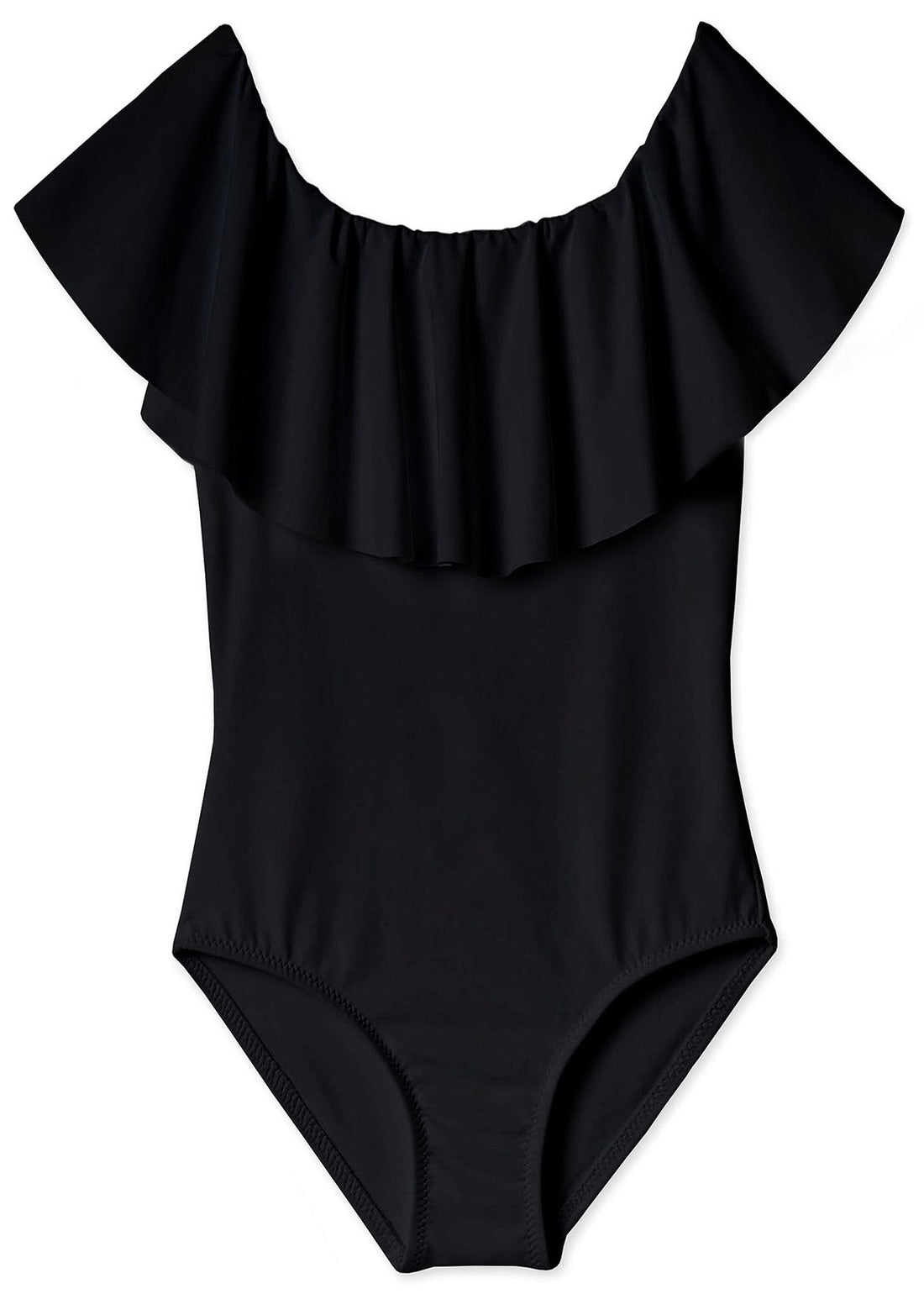 Black draped swimsuit for girls by Ivory Trillium, featuring a stylish design and comfortable fit for kids&