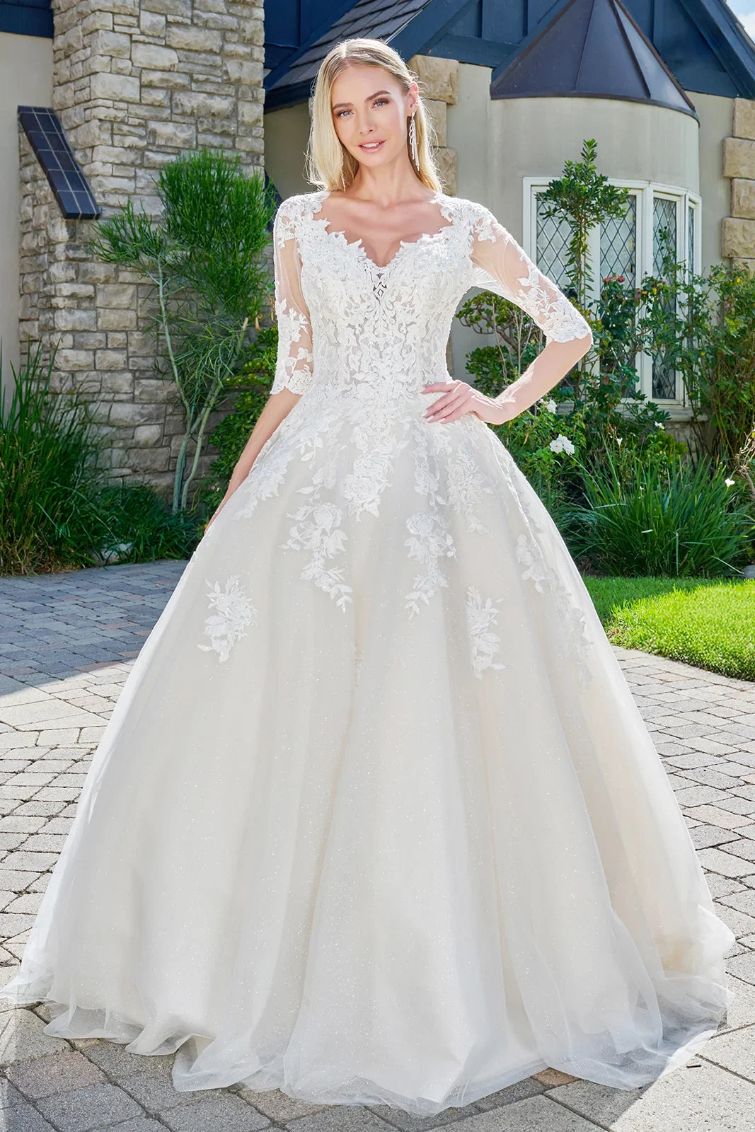 Wedding dresses/ivory cream embroidered glitter mesh v neck wedding gown with one half sleeve GL1803 GLGL1803