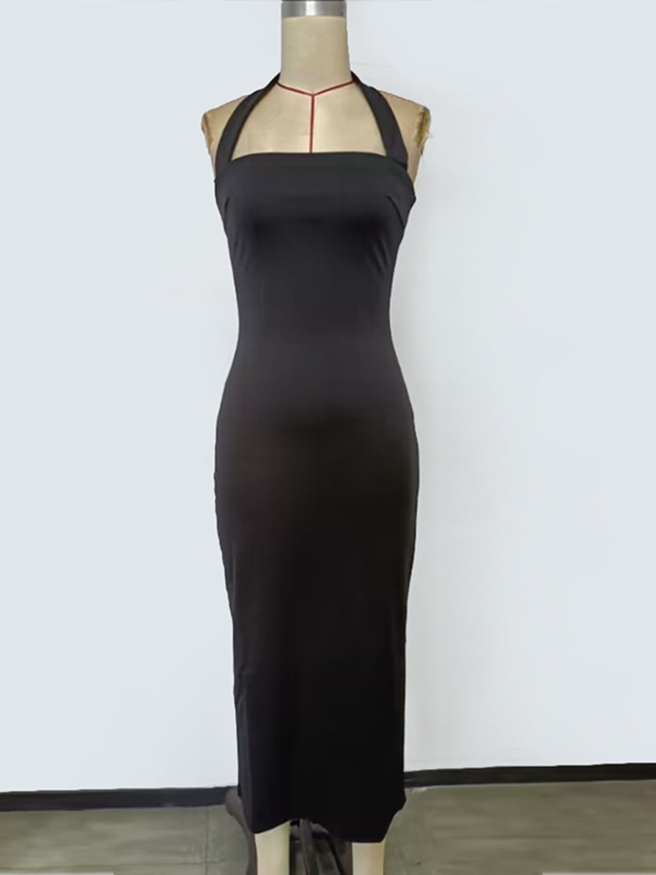 Taupe Gaia stylish halter neck bodycon midi dress for women, showcasing a fitted design with elegant neckline and midi length.