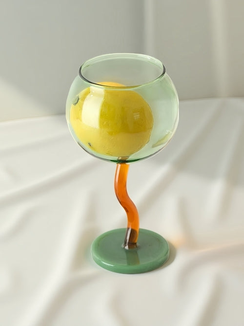 Handblown Bubble Wine Glass with wavy stem, retro whimsical design, eclectic style, ideal for home decor by Inspecial Home
