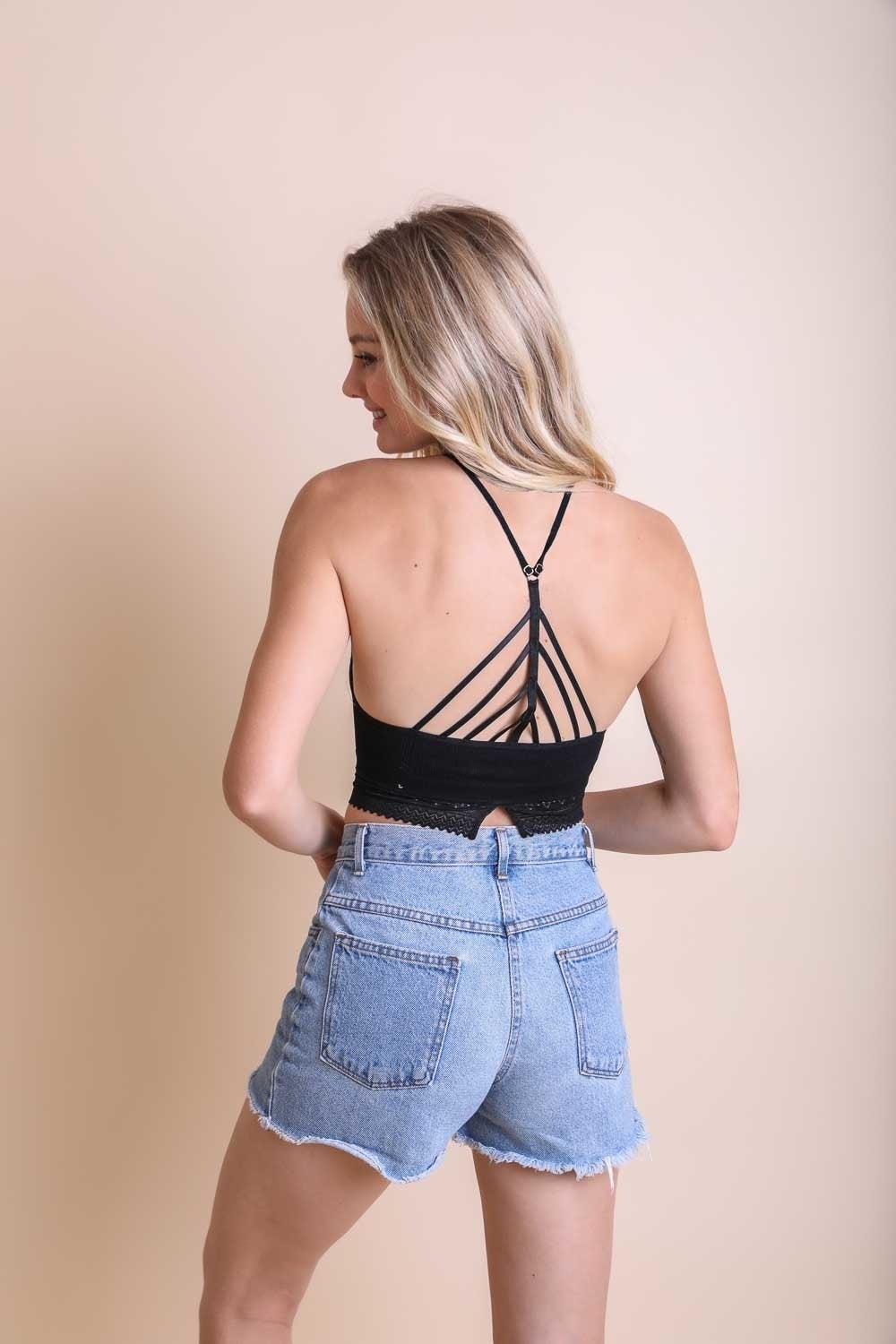 Periwinkle Aether high-neck crochet trim bralette, delicate lace lingerie with intricate crochet details, soft and feminine design.