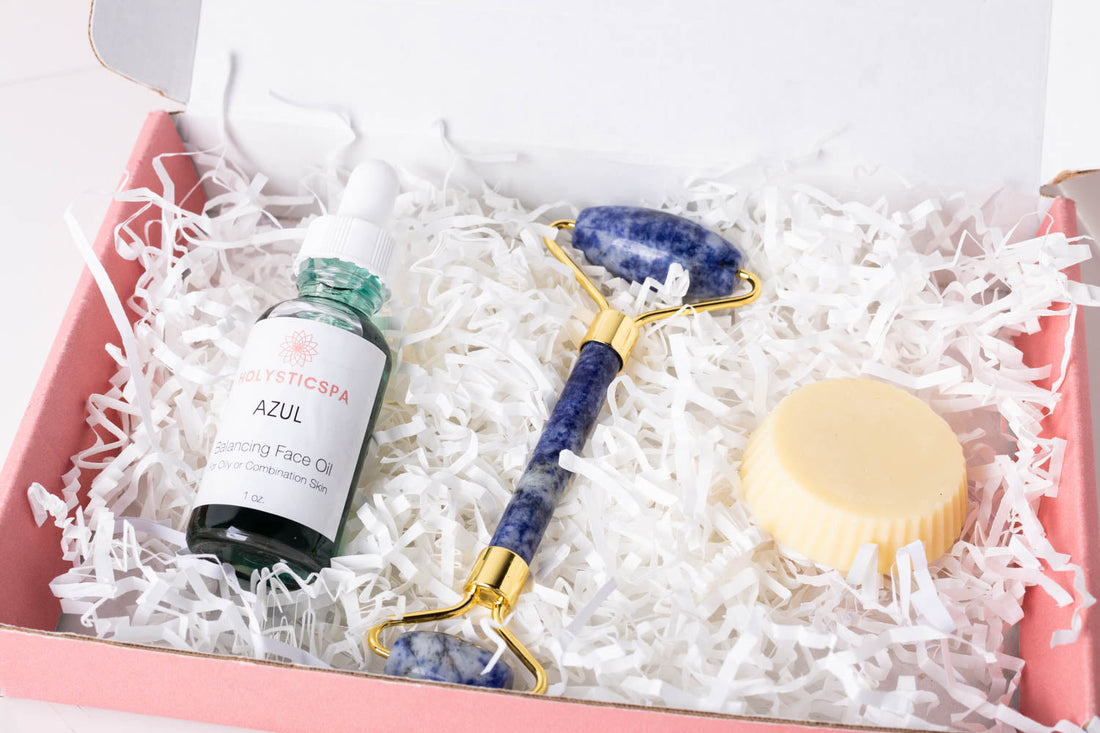 Rose Milo Azul Skincare Gift Set with assorted creams and lotions, displayed in elegant packaging.