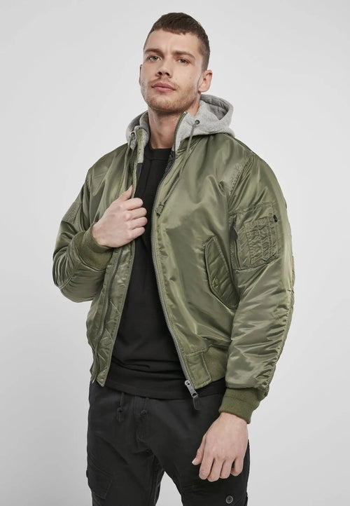 Callisto hooded MA1 bomber jacket with heavy fabric, featuring a hood and classic military-inspired design.