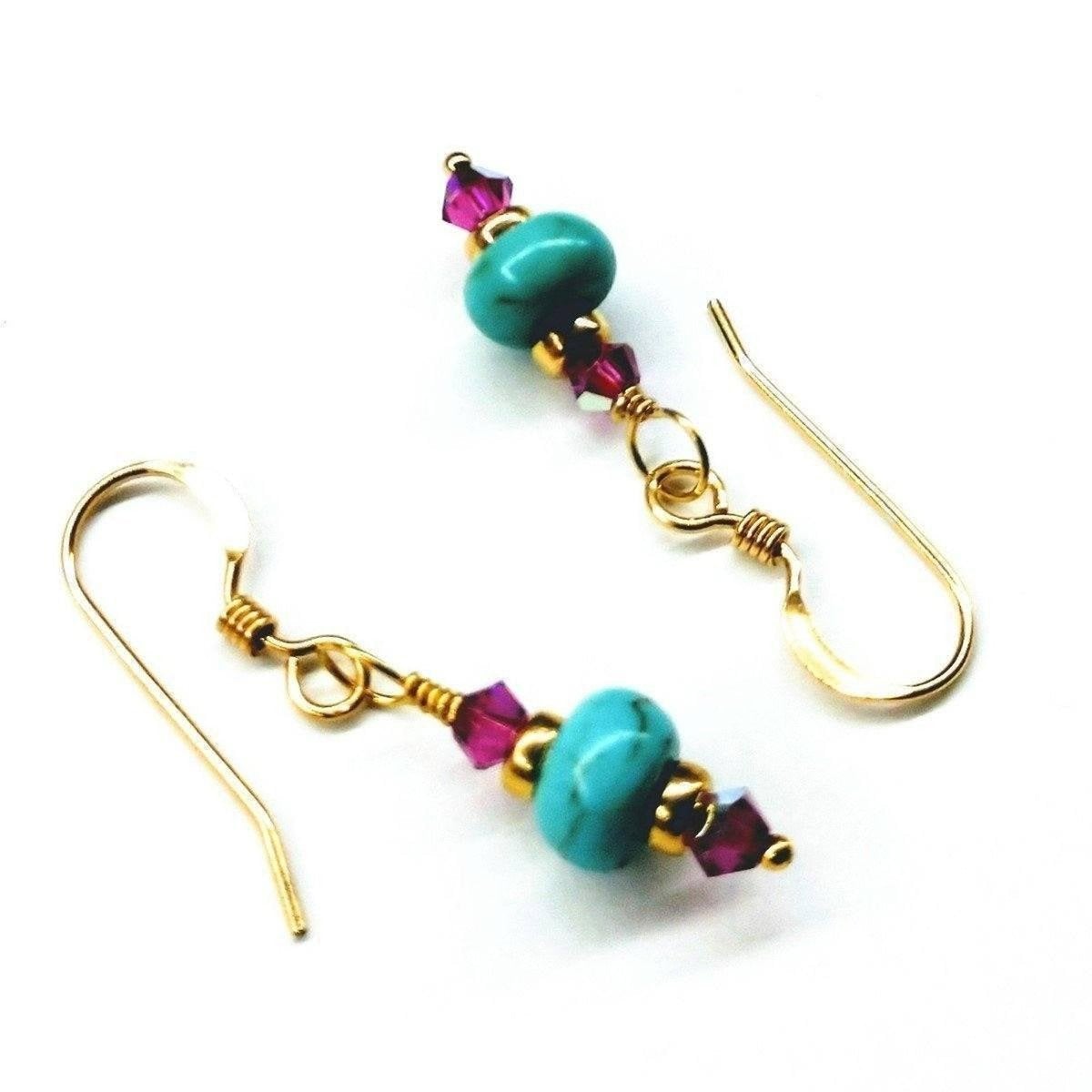 Hot pink and turquoise 14K gold filled earrings by Blue Crius with vibrant color accents and elegant design.