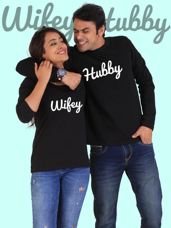 Black full-sleeve couple T-shirts by Scorpius featuring "Hubby Wifey" design for couples.